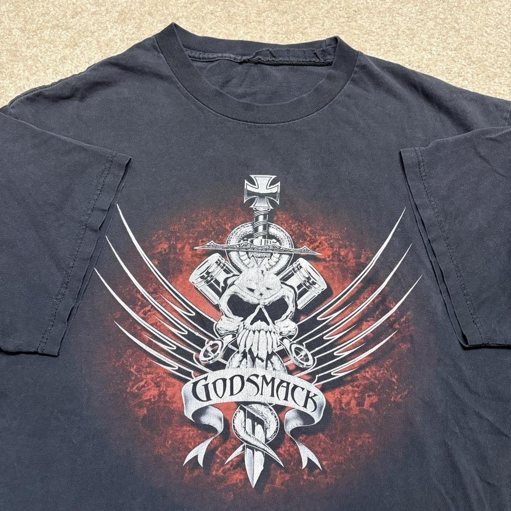 Vtg Godsmack Band Shirt SZ Large Black Faded Skull Graphic Grunge Rock Metal Y2K